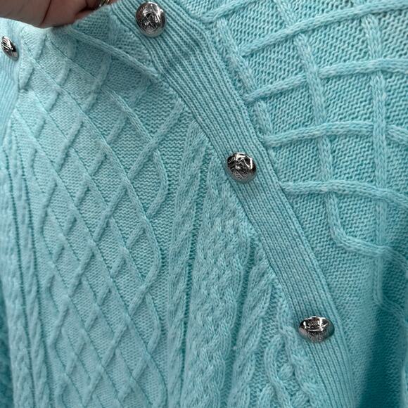 Talbots Sweater Womens Large Coastal Blue Cable Knit Mock Neck Button Detail - Picture 5 of 7